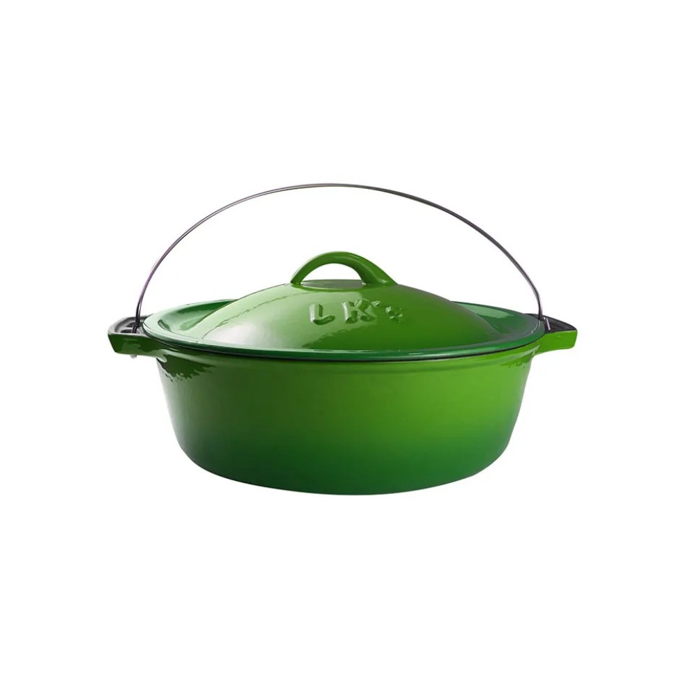 LK's Bake Pot Green Enamel No. 12 with a white background.
